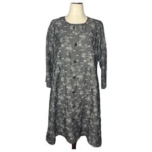 Eskandar Jacket Women's Large Gray Cotton Linen Embroidered Floral Coat Duster